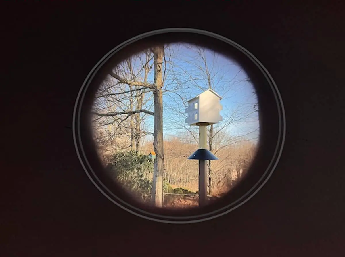 view thru low vision telescope of a bird house