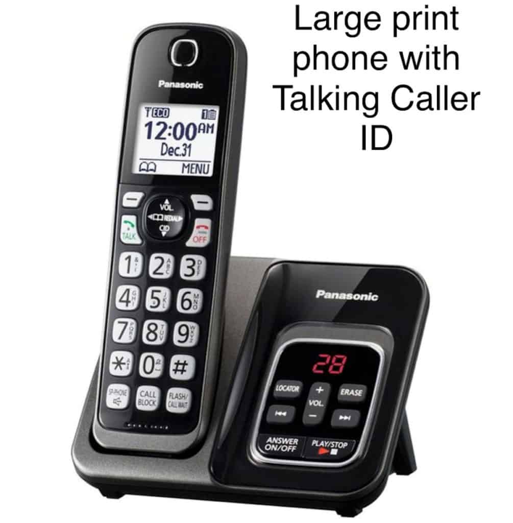 image of a desktop phone with large print keyboard and screen, has talking caller id