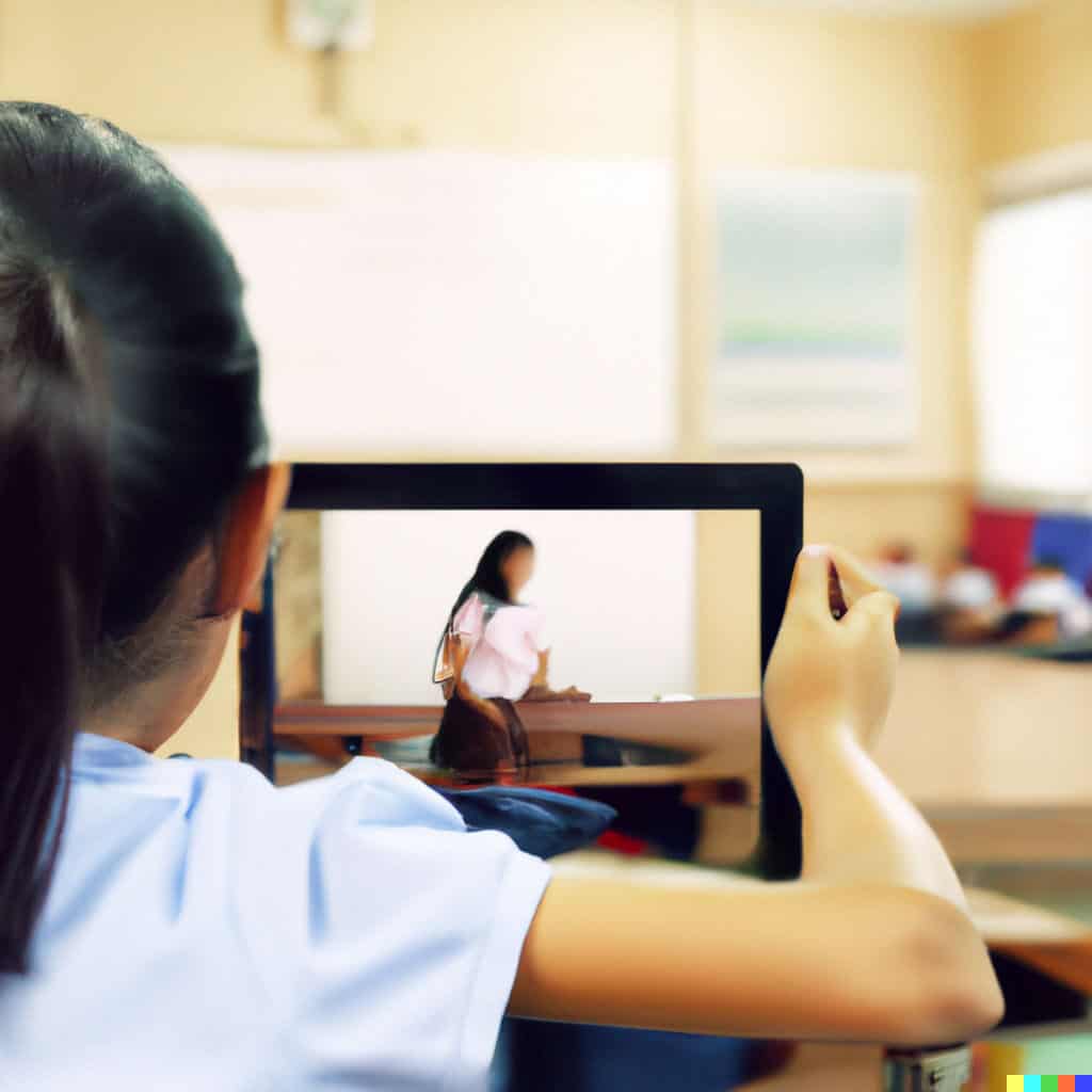 image of a child viewing the classroom white board using the screen as a distance magnitier
