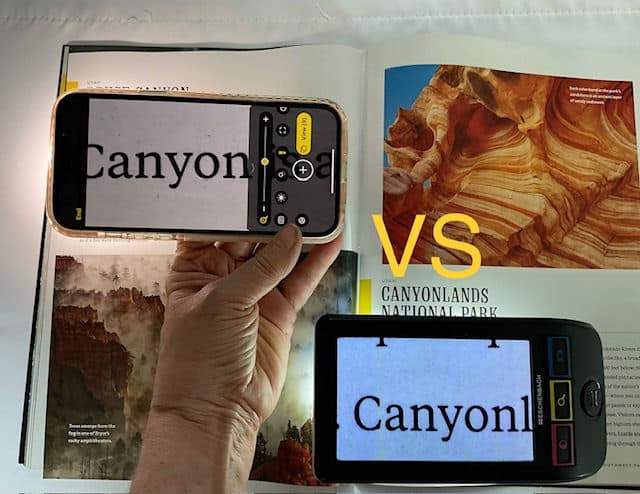 image of a smartphone magnifying app and a video magnifier on a national Geographic magazine